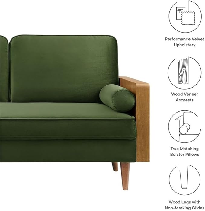 MAKLAINE Contemporary Vegan Leather Upholstered Loveseat Walnut Moss Green Finish Wood Veneer Armrests High-Density Foam Down Blend Cushions Tapered Wood Legs Mid Century Style for Living Room