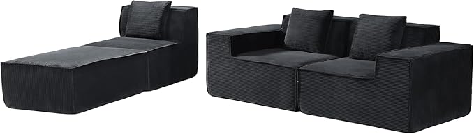 Harper Convertible Corduroy Sectional Couch with Ottoman &amp Pillows Modular L Shaped Sleeper Sofa Boneless Cloud Couch for Living Room Furniture Black