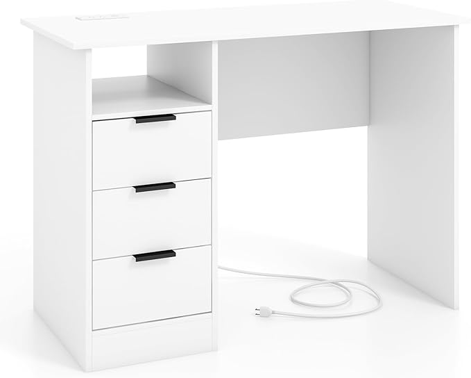 Computer Desk with Drawers 42.5’’ White Desk with Storage Shelf &amp Built-in Power Outlet Wood Vanity Makeup Table Small Desk for Bedroom Living Room Study Home Office