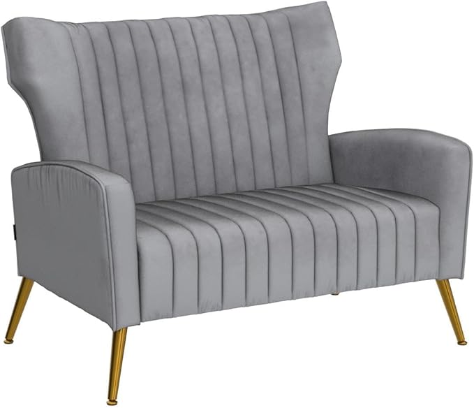 Artechworks Tufted Contemporary Velvet Wingback HighBack Loveseat Sofa Chair Upholstered Couch with Gold Metal Legs Two-Seat Sofa for Living Room Bedroom Apartment Small Space Dorm Grey