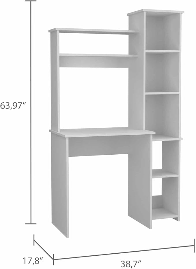 White 6-Shelf Writing Work Study Desk with Built-in Bookcase Home Office Furniture for Study and Home Office White Finish