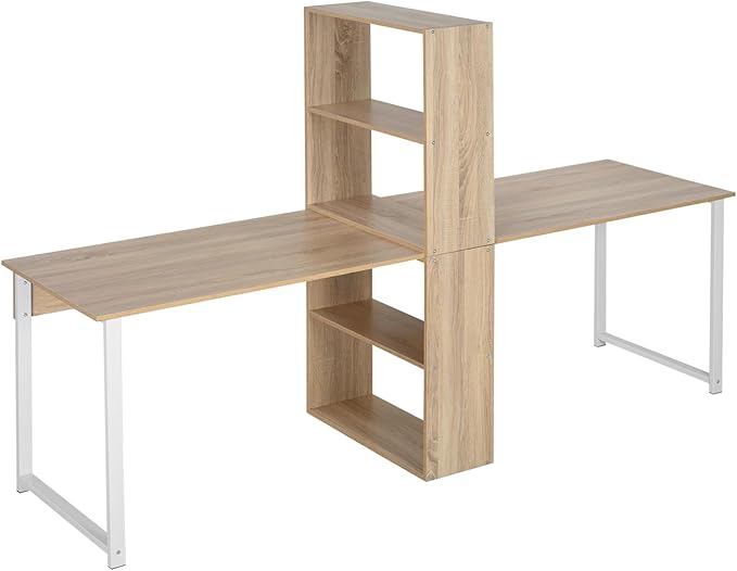 89 Long Two Person Desk with Storage Shelves Large 2 Person Gaming Desk with Storage Natural Double Computer Workstation Desk for Home Office Study Dorm