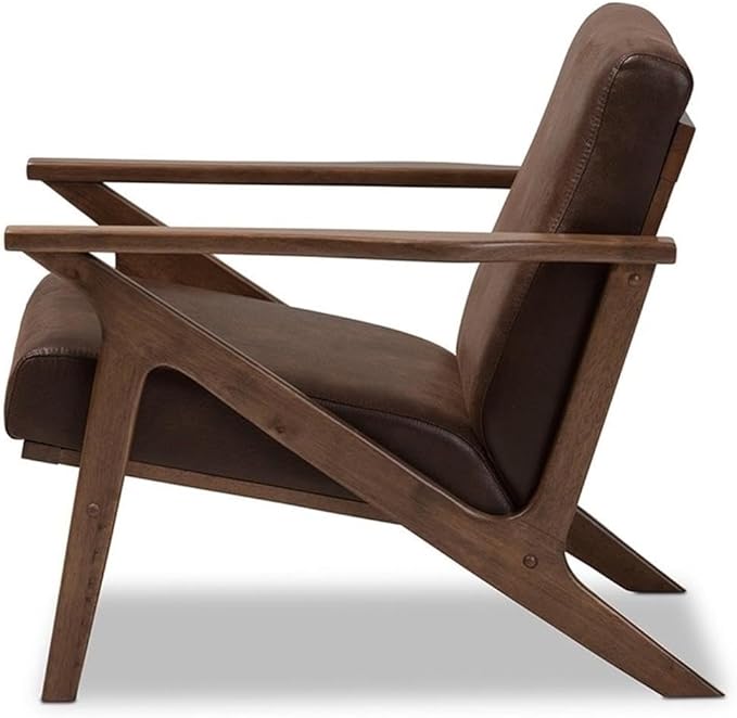 BOWERY HILL Faux Leather Accent Arm Chair Brown Distressed Upholstery Rubber Wood Frame Mid-Century Modern Style Removable Cushions 29.53'' H x 27.95'' W x 33.07'' D Living Room Seating