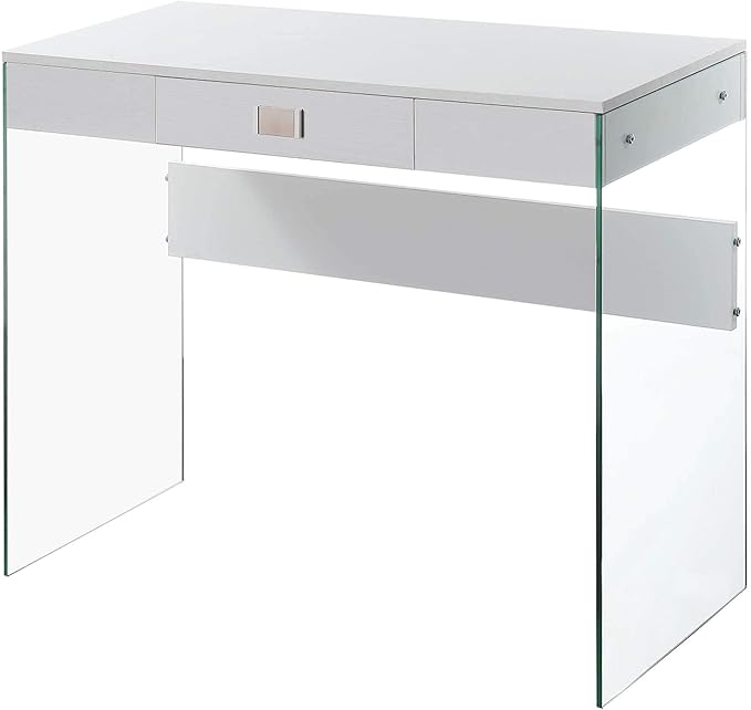 Pemberly Row Modern Desk with Clear Glass Panels 36 in White Wood Finish Particle Board and Melamine Contemporary Home Office Desk with Drawer for Living Room or Study