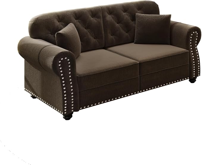 63 Velvet Chesterfield Sofa with Rolled Arms &amp Nailhead Trim Tufted Mid-Century Modern Couch for Living Room Includes 2 Pillows Brown Upholstered Sectional Sofa with 2 Ottomans
