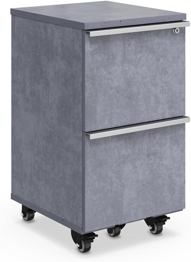 NBF District Two-Drawer Mobile Storage Pedestal with Locking File Drawers – Mobile File Cabinet with Brushed Nickel Pulls - Pedestal Office Filing Cabinet with Wheels (Stormy Gray)