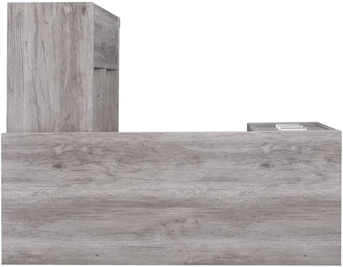 Pemberly Row L-Shaped Corner Storage Desk 60W x 47.25D x 29.5H Grey Driftwood Finish Engineered Wood 5 Shelves 3 Drawers Built-In File Cabinet for Letter/Legal Files Reversible Home Office