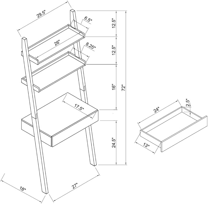 3-Tier Ladder Shelf 72-Inch Narrow Leaning Bookshelf Modern Home Office Desk Workspace Writing Table Bookcase LadderOne Drawer and Two Shelves Handleless Design