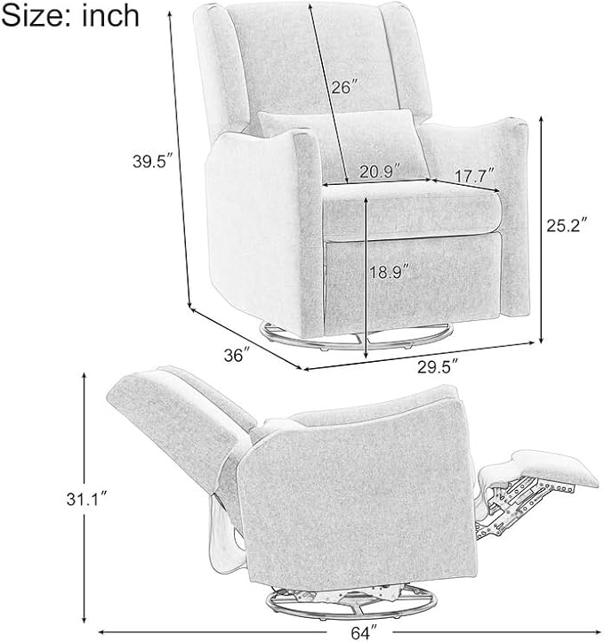 Polibi 29.5'' Wide Wingback Swivel Rocker Recliner Chair Rocking Chair with Head &amp Lumbar Support Modern Accent Chair for Living Room Seaweed Green + Teddy