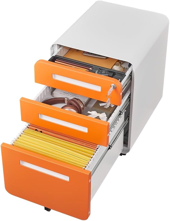 3-Drawer Mobile Filing Cabinet with Lock Legal/Letter Sized Office Storage Suitable for Offices and Study Rooms (YH-Orange)