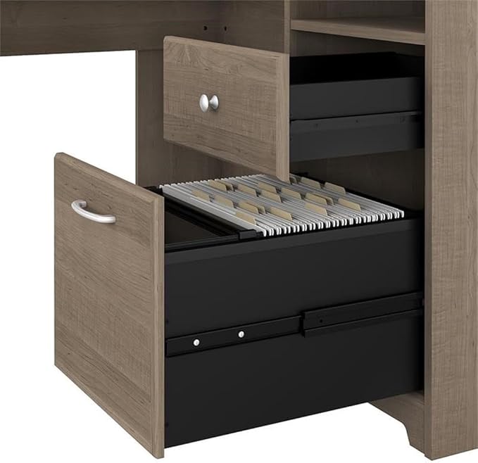 Pemberly Row L Shaped Computer Desk 60W x 59D x 30H Engineered Wood Ash Gray Finish Built-in USB Hub File Cabinet Fluted Glass Door Home Office Corner Desk for Work and Storage