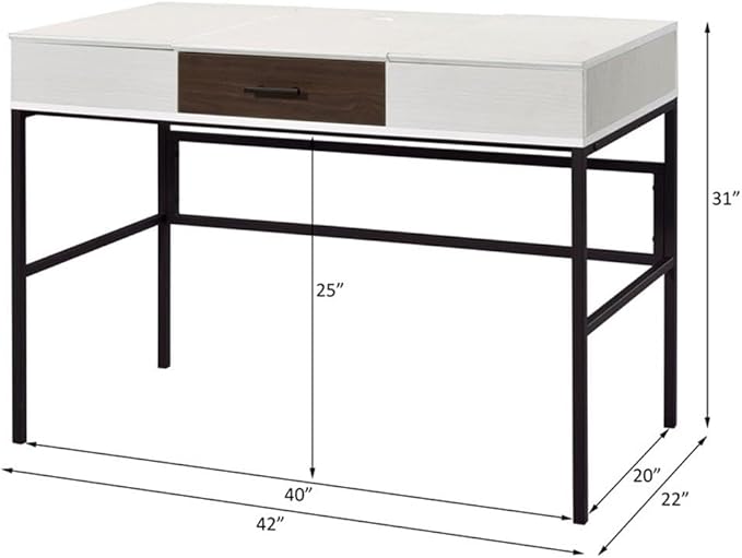 BOWERY HILL Wooden 1-Drawer Writing Desk Natural and Black Finish 42 W x 22 D x 31 H Built-in USB Ports and Outlets Flip-Up Compartments Industrial Design Home Office Desk