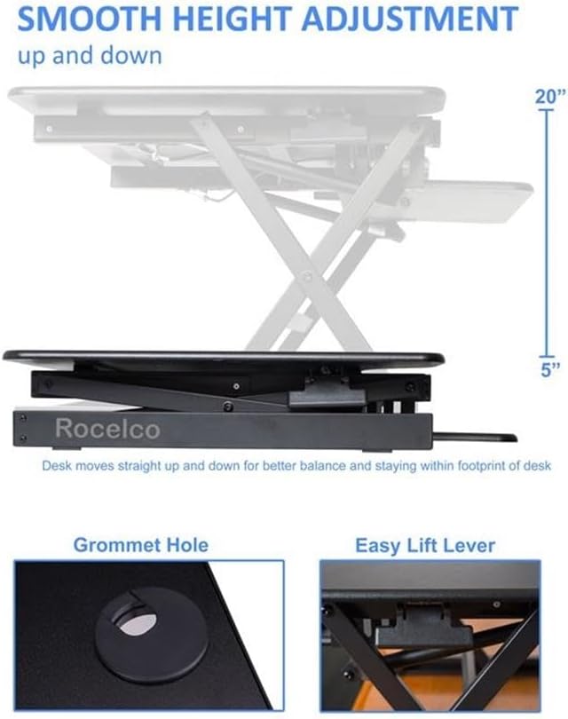 Pemberly Row 38 Height Adjustable Standing Desk Converter Black Finish Metal Construction Large Work Surface Ergonomic Retractable Keyboard Tray Grommet Hole Sit-to-Stand Home Office Desk