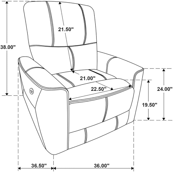 Pemberly Row Modern Faux Leather Power Recliner Chair Saddle Brown 39.75 H x 36.5 W x 37 D Foam Cushions USB Port Power Recline Comfortable Living Room Seating