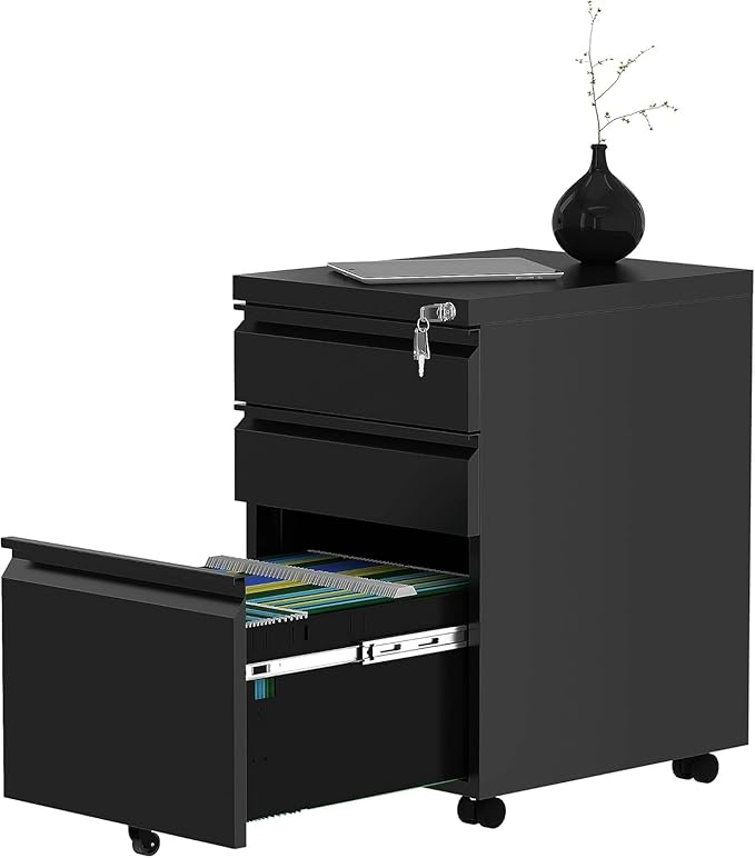 YITAHOME 3-Drawer Rolling Filing Cabinet Office Drawers Lockable Office Storage Cabinet with Hanging Bars and Pencil Tray Pre-Assembled Metal File Cabinet Under Desk (Black)