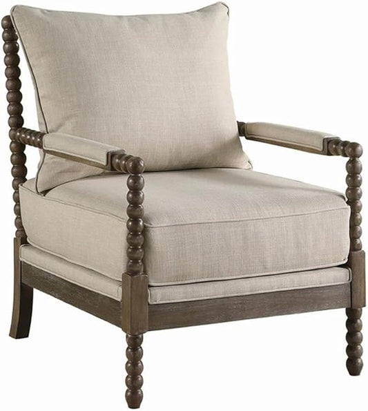 BOWERY HILL Modern Accent Chair Beige Fabric Upholstery Dark Walnut Wood Finish Cushion Back 38 H x 29.5 W x 34 D Casual Style Solid Pattern Living Room Seating