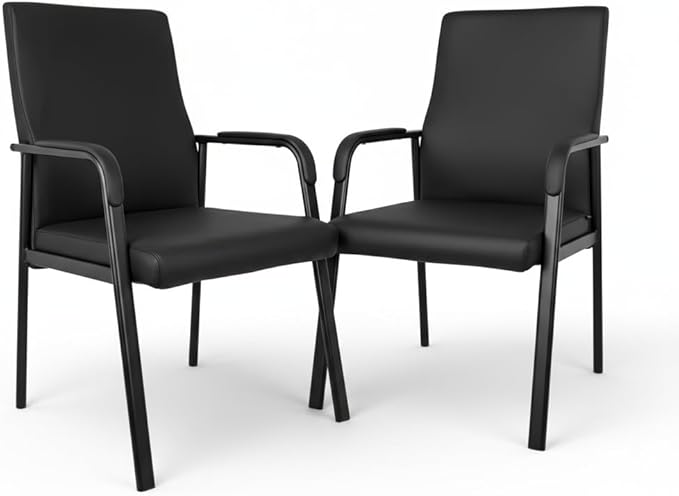 Leather Office Guest Chair Guest Conference Room Chair 600 LBS Capacity High Back Reception Chair with Padded Armrests No Wheels Black - 2 Pack