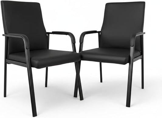 Leather Office Guest Chair Guest Conference Room Chair 600 LBS Capacity High Back Reception Chair with Padded Armrests No Wheels Black - 2 Pack