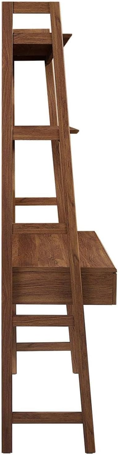 Pemberly Row Modern Particleboard and MDF Office Desk Walnut Finish 71 in x 49 in x 18.5 in Slim Tiered Design with Shelves and Full-Extension Drawers Home Office Workspace Furniture