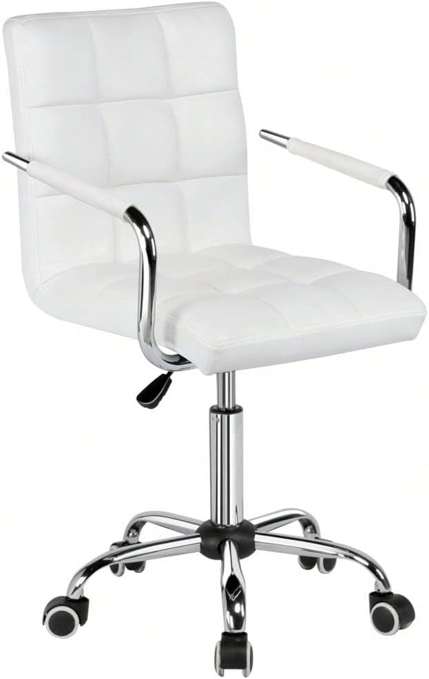 Butterslay Mid-Back PU Leather Office Chair with Armrests 360° Swivel Rolling Height Adjustable Desk Chair with Lumbar Support for Home Office Bedroom White/Pink/Brown/Retro Brown (White)