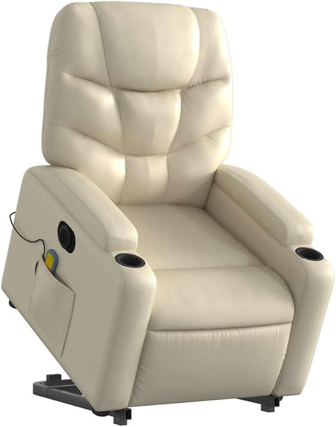 vidaXL Electric Massage Recliner Chair - Cream Faux Leather Stand Up Armchair with Power Lift Vibration Massage Cup Holders for Living Room