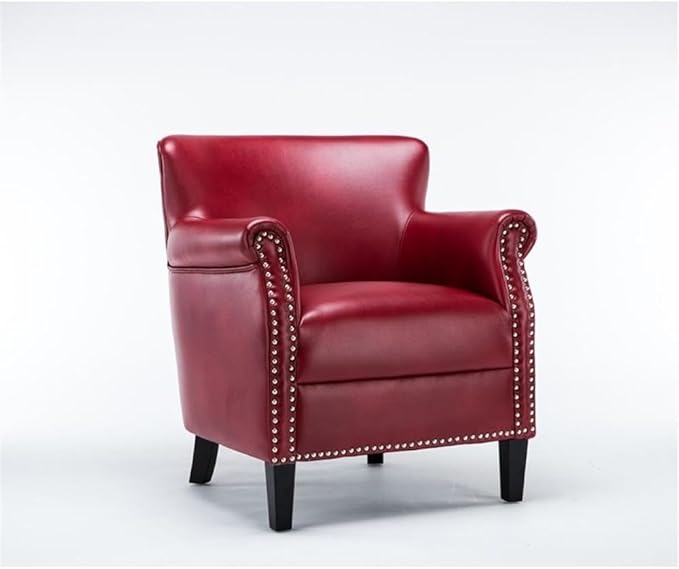 Pemberly Row Red Faux Leather Club Chair Nailhead Trim Upholstered Leather Gel Solid Wood Legs No Sag Springs 2.2 Density Foam Living Room Accent Chair Comfortable Indoor Seating