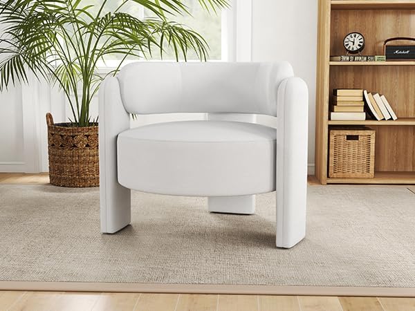 NOBPEINT Mid Century Modern Accent Barrel Chair Round Upholstered Leisure Armchair with Open Back for Living Room Bedroom Apartment White