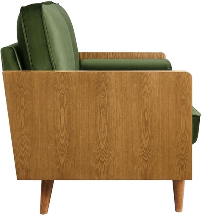 MAKLAINE Contemporary Vegan Leather Upholstered Loveseat Walnut Moss Green Finish Wood Veneer Armrests High-Density Foam Down Blend Cushions Tapered Wood Legs Mid Century Style for Living Room