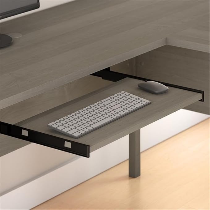 Pemberly Row 60W L Shaped Desk with Hutch Engineered Wood Ash Gray Finish Keyboard Tray File Drawer Adjustable Shelves Frosted Glass Doors Home Office Furniture Set