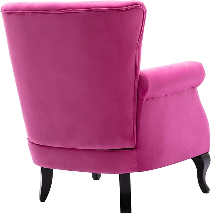 Kmax Velvet Tufted Accent Chair Mid Century Throne Chair Comfy Sofa Chair Padded Seating WingBack Unique Wood Legs Home Club Bedroom Living Room Rose