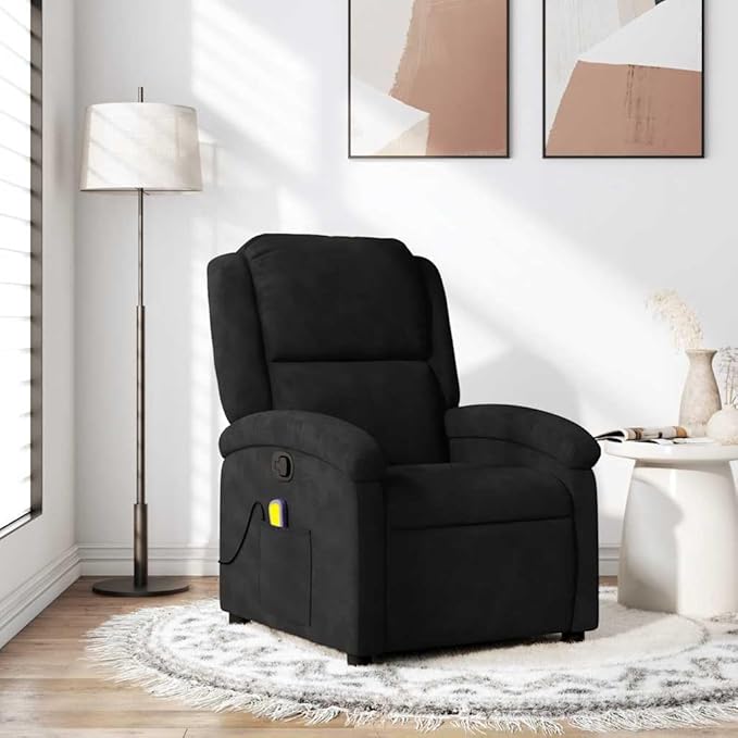 vidaXL Black Velvet Massage Recliner Chair for Elderly - Manual Reclining Lounger with Side Pocket and 6-Point Vibration No Heating Plush Seating