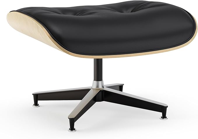 Top Black Grain Leather Mid Century Chaise Lounge Chair and Ottoman Modern Chair Classic Design Ash Wood Heavy Duty Base Support for Living Room Office