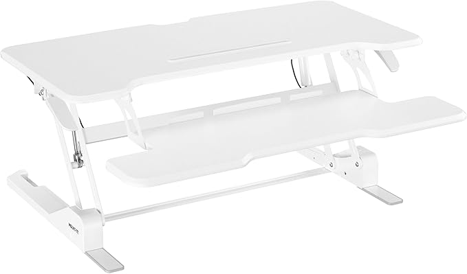 Mount-It! Standing Desk Converter White 38” Wide Height Adjustable Stand Up Desk Riser Desk Topper with Gas Spring Desktop Standing Desk with Keyboard Tray Fits Two Monitors