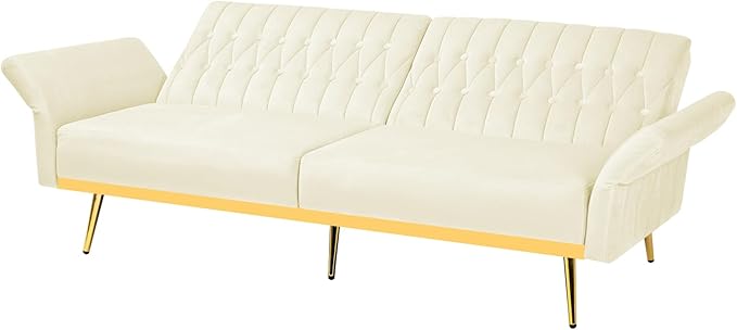 70 Velvet Futon with Adjustable Backrest and Armrests Sofa Bed with Extra Pillows for Waiting Room Living Room and Office Beige