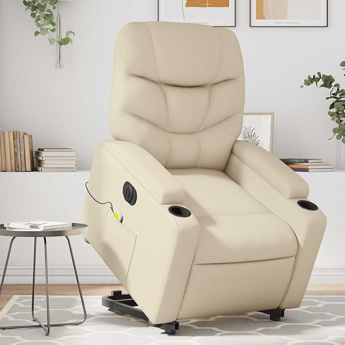 vidaXL Electric Massage Recliner Chair - Cream Faux Leather Stand Up Armchair with Power Lift Vibration Massage Cup Holders for Living Room
