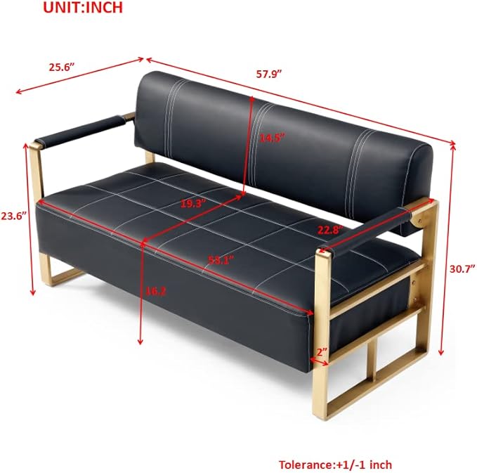 57.9 Modern Leather Loveseat Sofa Upholstery Faux Bonded Leather Accent Futon Couch with Metal Square Arms for Living Room Office Apartment (Black)