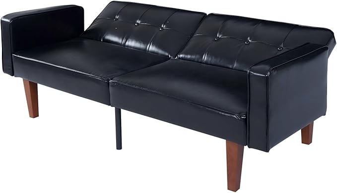 Faux Leather Adjustable Sofa Two-Seater Sofa with Wooden Legs Foldable Sofa Bed mid-Century Style Lounge Sofa Suitable for Apartments Living Room Bedroom Study Office Lounge black (black)