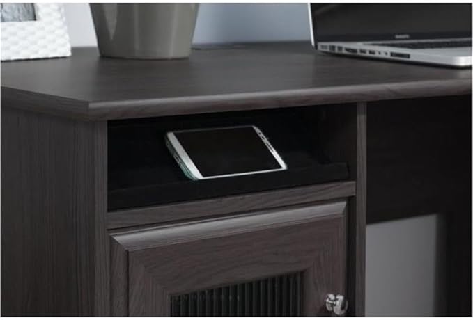 BOWERY HILL L-Shaped Corner Desk 60 Laminate and Wood Heather Gray Finish Fluted Glass Door USB Hub File and Box Drawers Home Office Workstation for Organized Storage