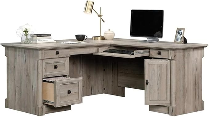 Pemberly Row 65 x 69 Contemporary Engineered Wood L-Shaped Desk with Storage Drawers Flip-Down Panel Grommet Holes for Home Office/Workspace in Split Oak Finish