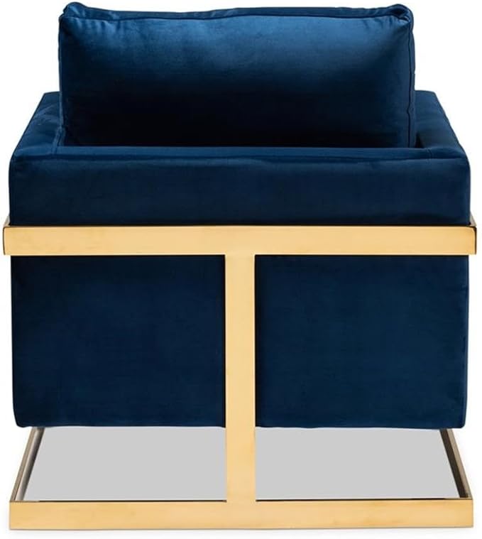 BOWERY HILL Velvet Accent Chair Royal Blue Upholstery Gold-Tone Stainless Steel Frame 34.3 H x 31.5 W x 33.9 D Removable Cushions Glam Modern Style Armchair for Living Room or Lounge Use