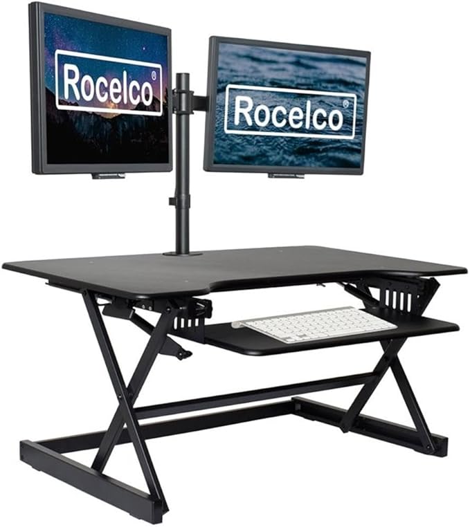 Pemberly Row 38 Height Adjustable Standing Desk Converter Black Finish Metal Construction Large Work Surface Ergonomic Retractable Keyboard Tray Grommet Hole Sit-to-Stand Home Office Desk