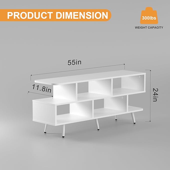Lightdot 55 Inch TV Stand up to 65 Inch TVs Large Storage for Collection with 6 Open Shelves Sturdy Media Console Table for Living Room/Entrance/Kitchen/Sofa Cabinet Easy Assembly White