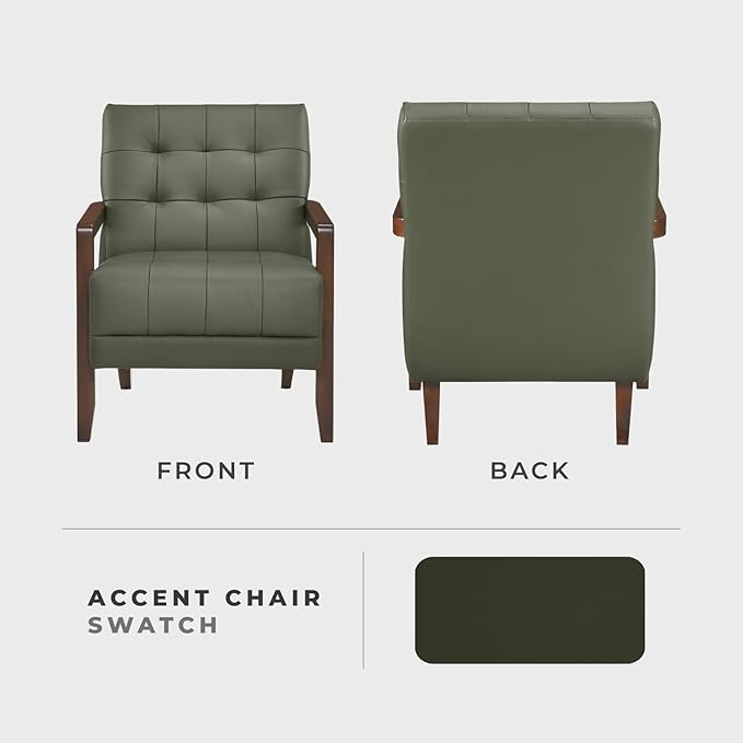 Lexicon Modern Accent Chair Luxury Genuine Leather Match Living Room Chair with Tufted Cushions Solid Wood Frame and Arm Rest Comfy Upholstered Single Seat for Bedroom/Reading/Office Green