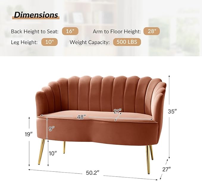 Velvet Upholstered Loveseat Sofa with Gold Metal Legs Modern Comfy Small Love Seat with Flower Shaped Back 2-Seater Sofa Accent Couch for Living Bedroom Leisure Areas Coral