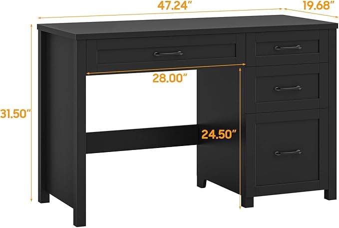 Vabches Farmhouse 47 Executive Desk with 4 Drawers Computer Desk with File Drawer Workstation for Home Office Study.（Pure Black）