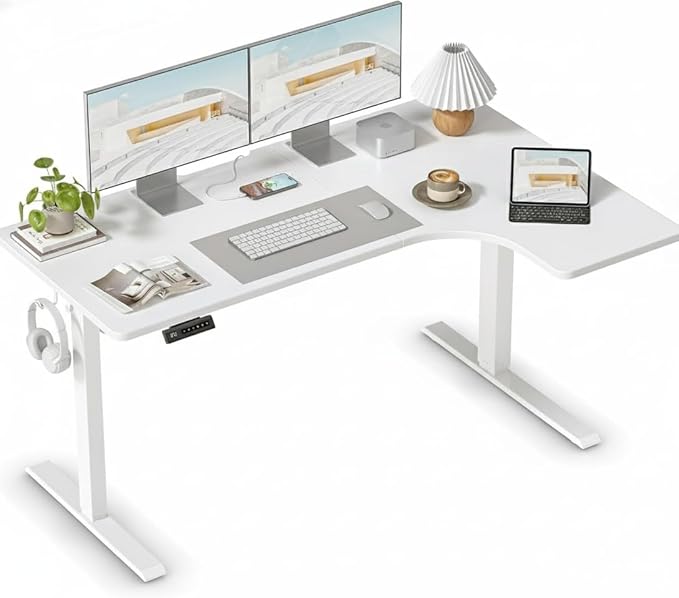 FEZIBO 55×32 inch L Shaped Electric Corner Standing Desk 4 Memory Height SettingsHome Office &amp Computer Height Adjustable Table Ergonomic Sit and Stand Up Workstation with Splice BoardWhite To