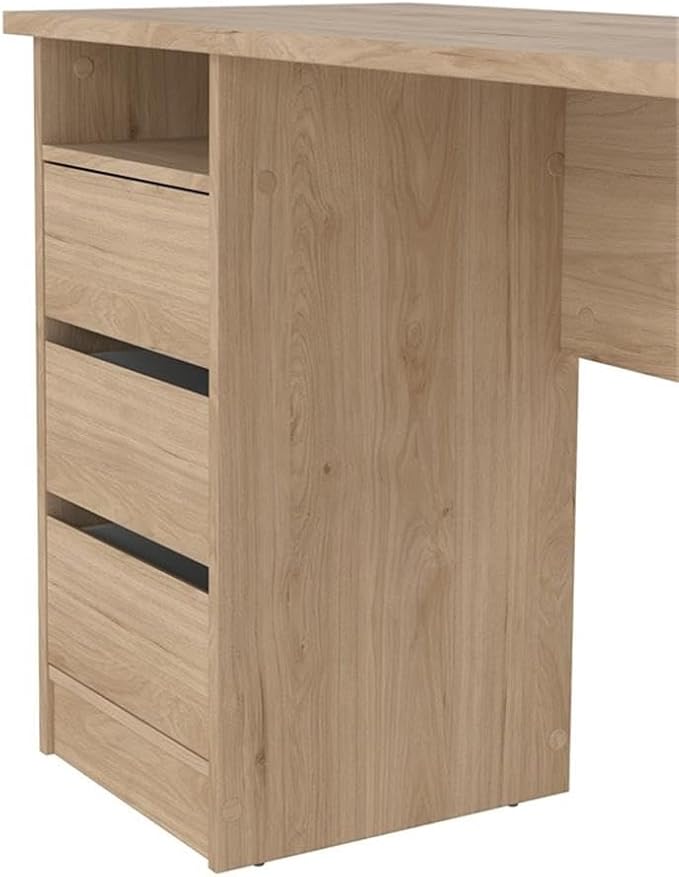 Pemberly Row Writing Desk 43.31 in. H x 19.09 in. D x 29.92 in. W Engineered Wood with Jackson Hickory Finish 3 Smooth Gliding Drawers Open Shelf Compact Home Office Desk for Small Spaces