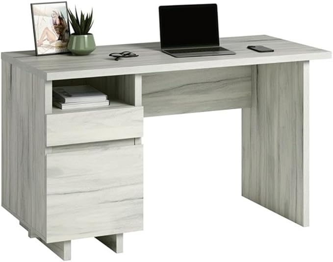 Pemberly Row Engineered Wood Desk 52 in Wide Haze Acacia Natural Finish Single Pedestal with Storage Drawers and Open Shelf Modern Home Office Desk for Organization and Workspace