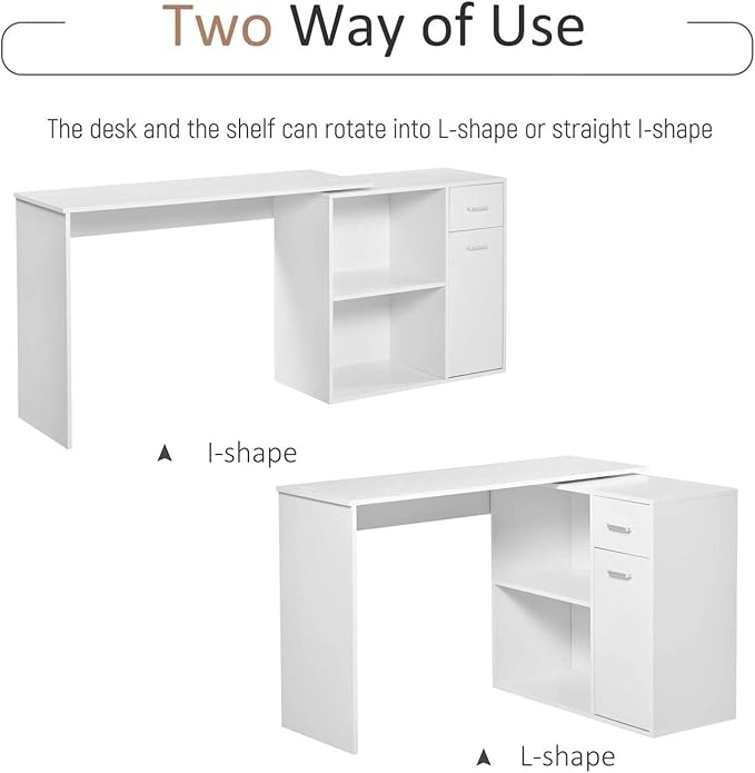 L Shaped Corner Desk with Storage Shelves and Rotating Design for Home Office White