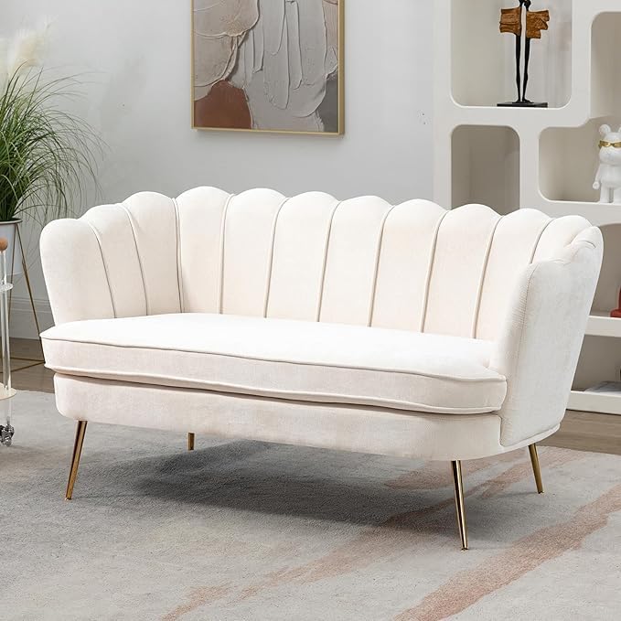 59 Wide Loveseat Sofa Chenille Upholstered Small Couch with Gold Metal Legs Modern Leisure Sofa with Petal-Shaped Design Mini Room Couch for Bedroom Apartment (Beige-Chenille)